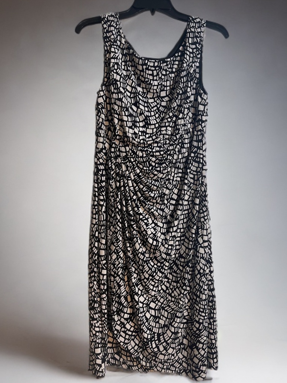 Connected Apparel Black White Ruched Sheath Midi Dress Sleeveless Size 12
